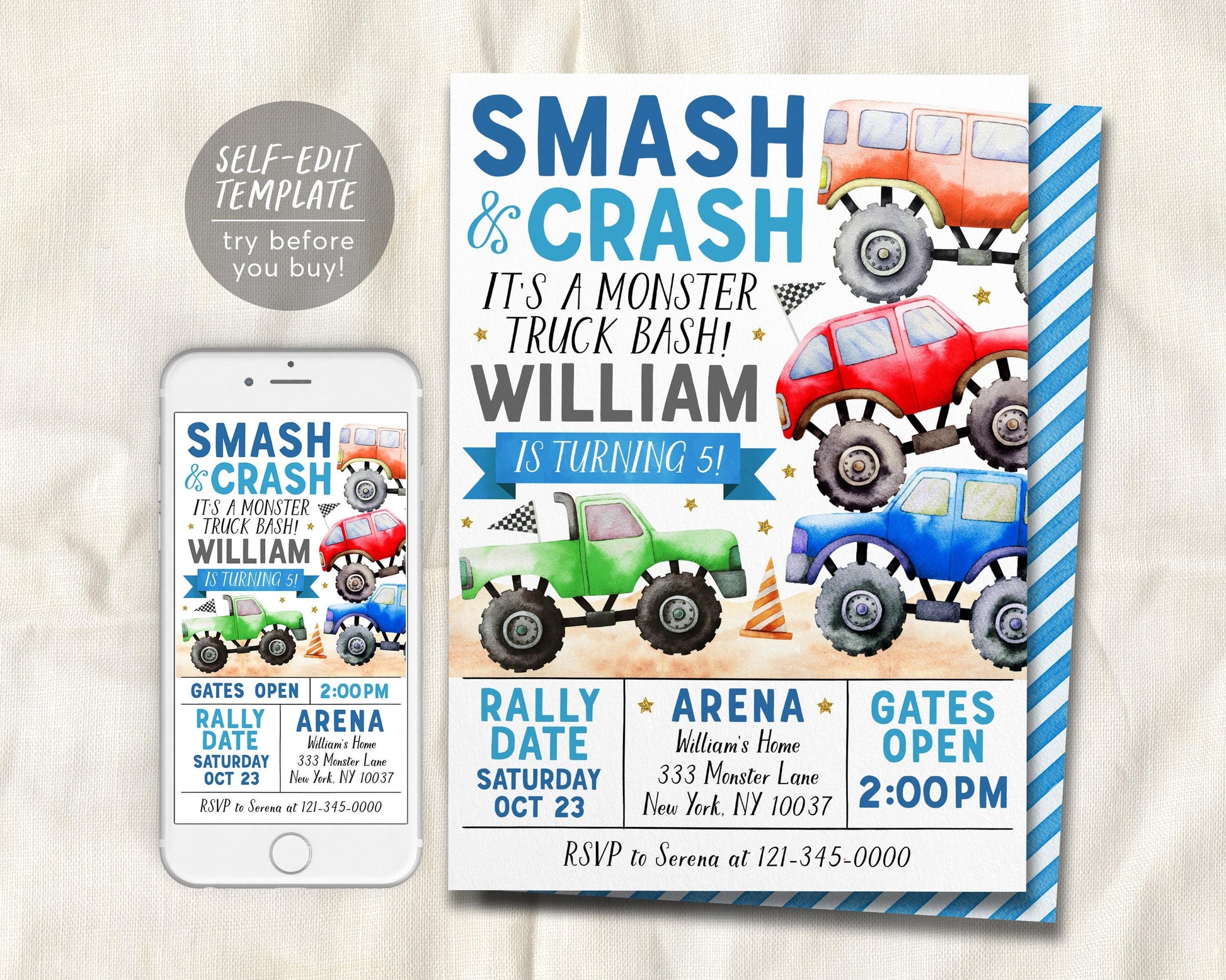 Monster Truck Birthday Invitation Editable Template