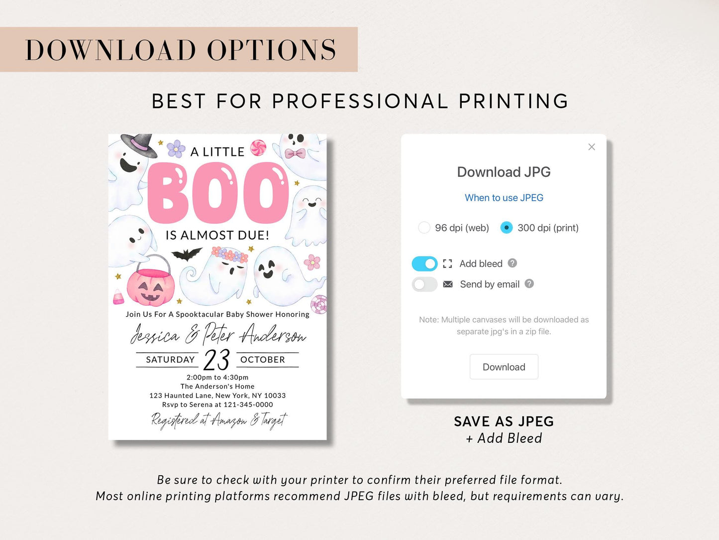 Halloween Baby Shower Invitation, A Little Boo Is Almost Due Template, Fall October Sprinkle Invite For Baby Girl Printable BSHP01