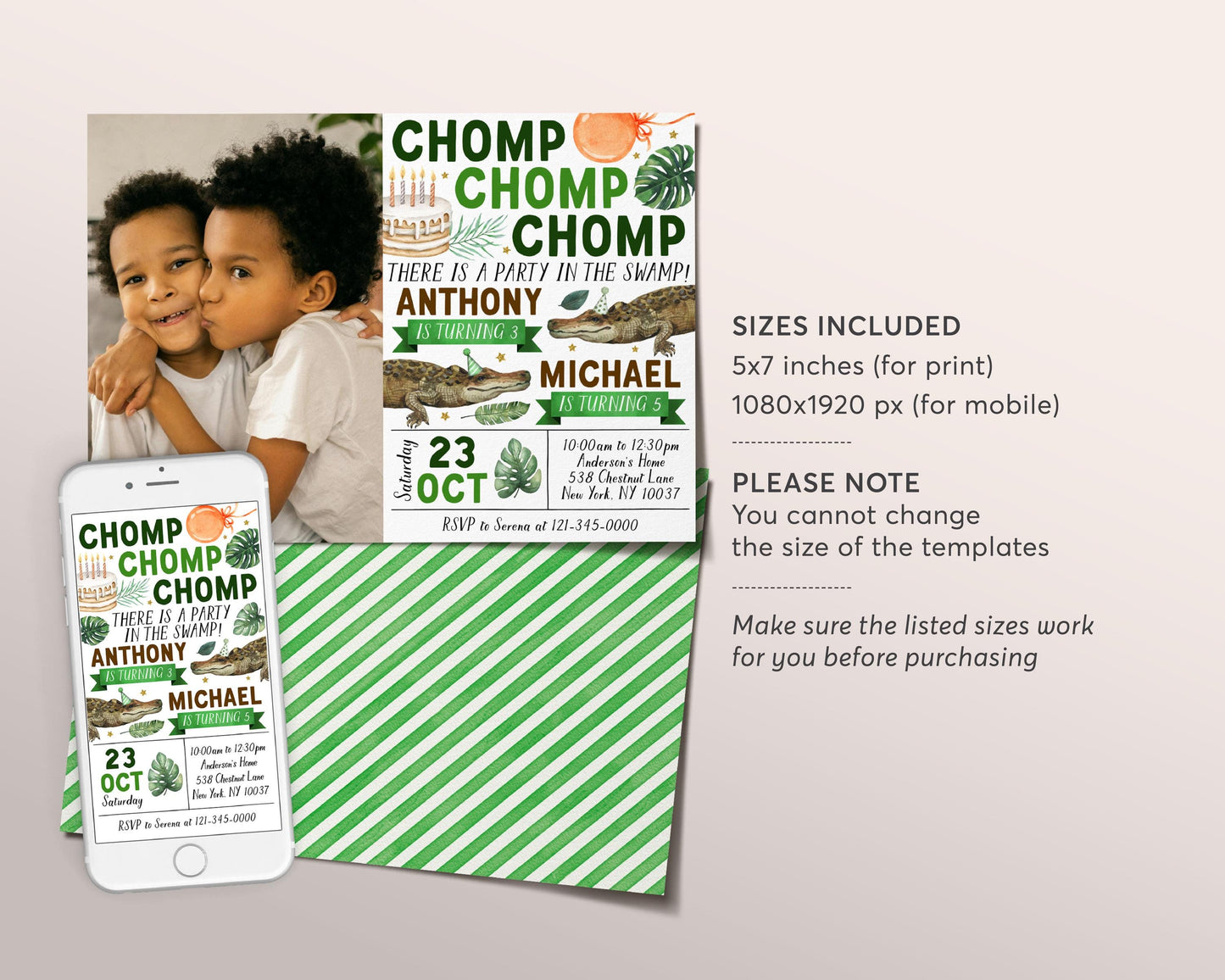 Crocodile Joint Siblings Birthday Invitation With Photo Editable Template, Twins Chomp Chomp Party Invite, Alligator Swamp Pond Nature Evite