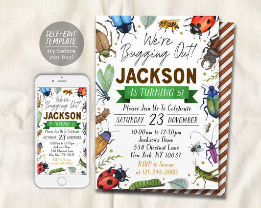 Insect Bugs Birthday Invitation Editable Template
