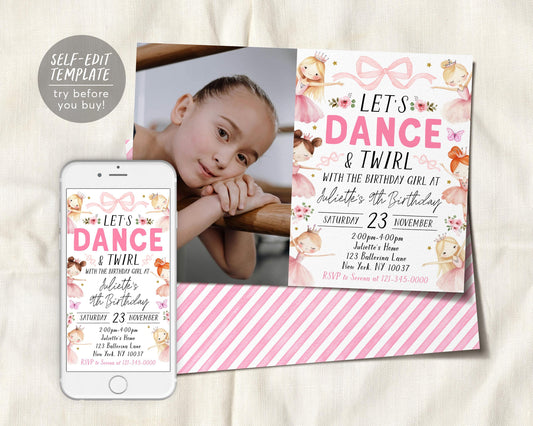Ballerina Birthday Invitation With Photo Editable Template