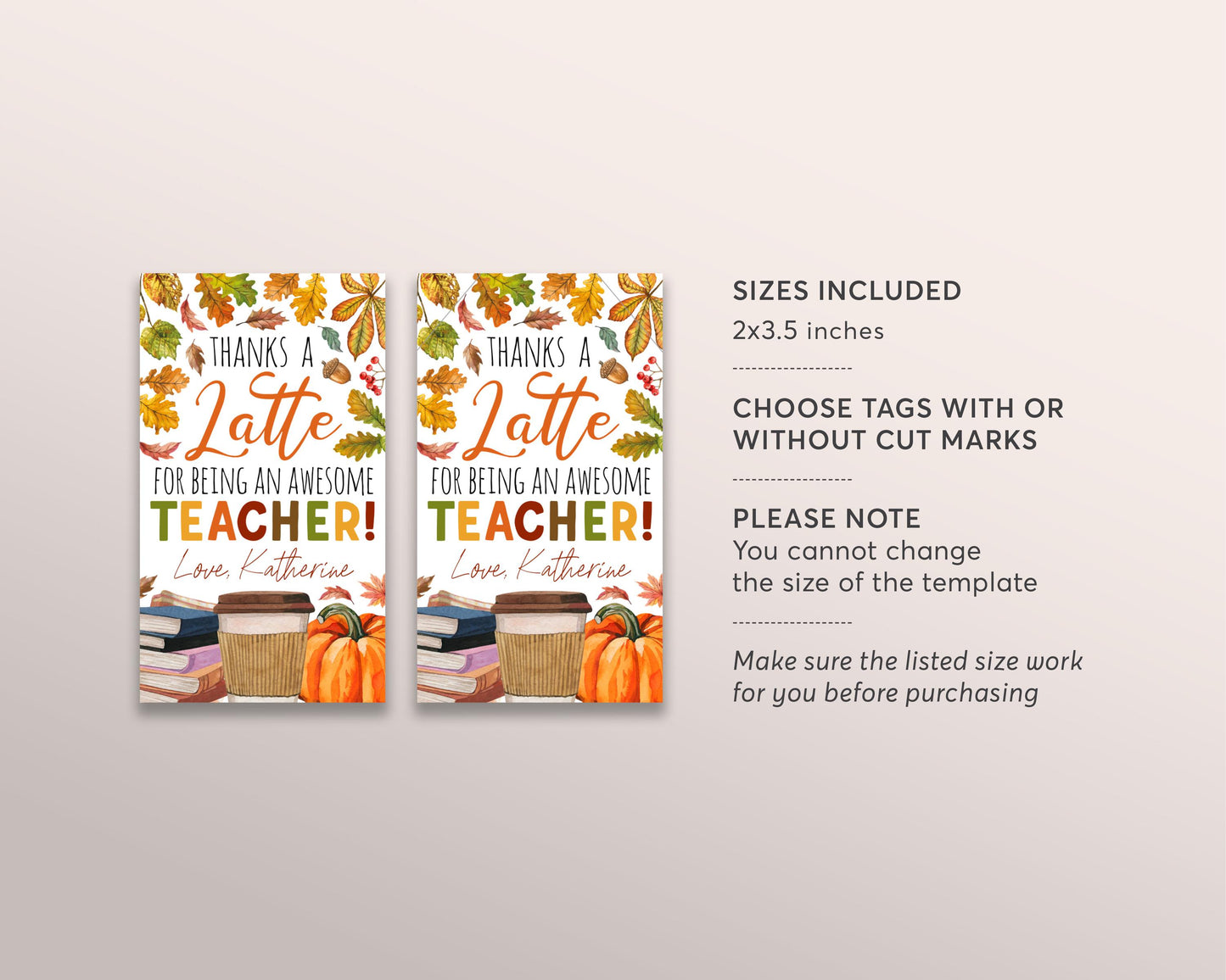 Fall Thanks a Latte Teacher Appreciation Gift Tag Editable Template, Coffee End of School Thank You Label, Autumn Thanksgiving Tag For Staff