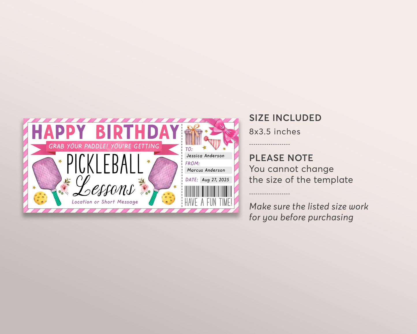 Pickleball Lessons Gift Certificate Editable Template, Birthday Surprise Pickle Ball Classes Voucher, Pickleball Lover Gift Idea For Her