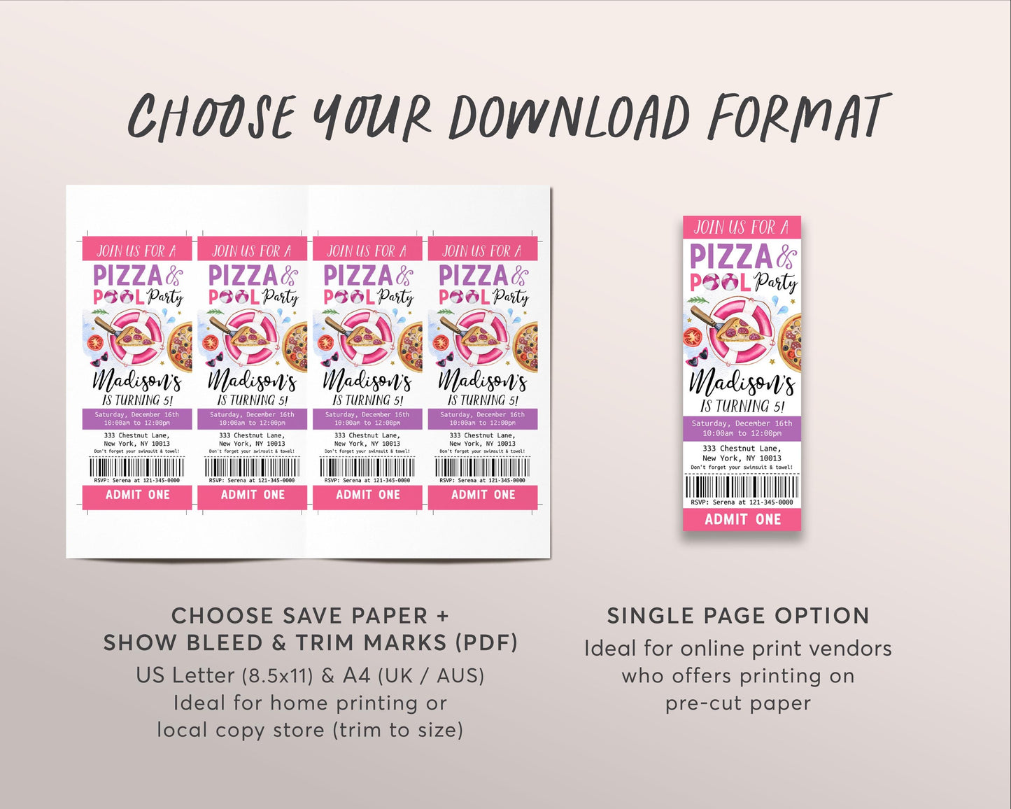 Pizza Pool Party Birthday Ticket Invitation Editable Template, Kids Girl Summer Swimming Pool Pizza Party Bash Evite, End Of School Ticket