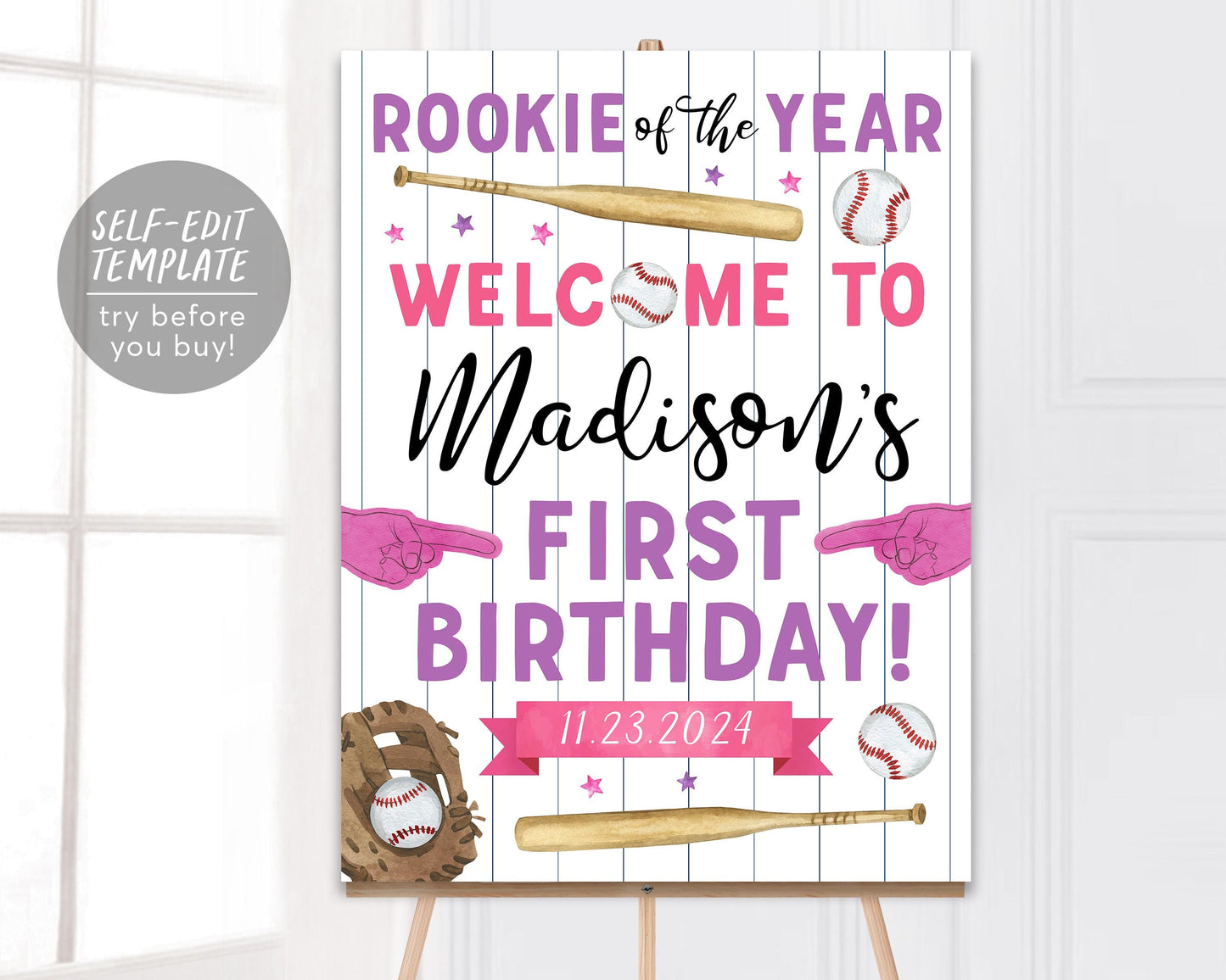 Baseball Birthday Welcome Sign Editable Template