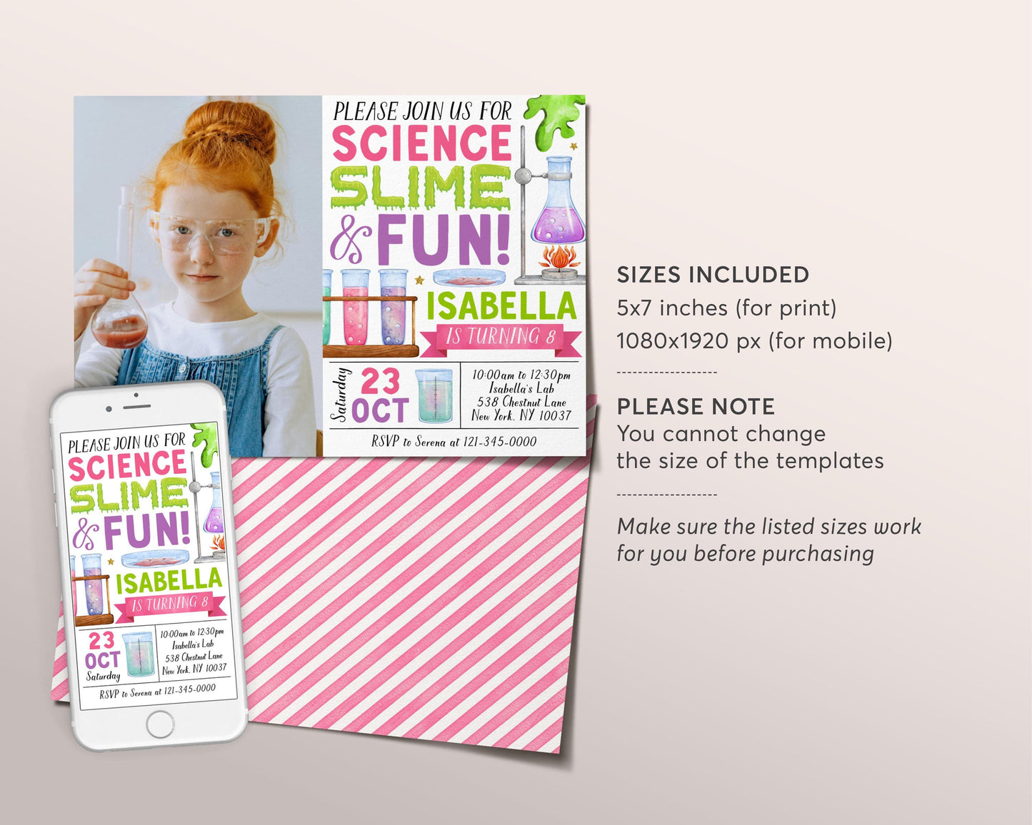 Science Slime Birthday Invitation With Photo Editable Template, Girl Scientist Slime Experiment Party Invite, Professor Science Lab Evite