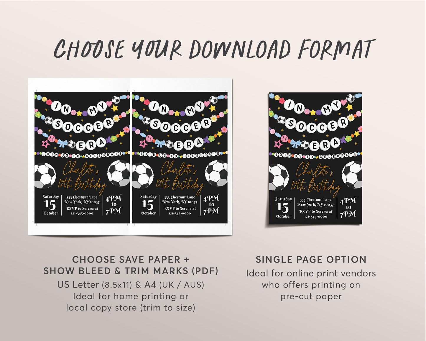 In My Soccer Era Birthday Invitation Editable Template, Soccer Friendship Bracelet Party Invite, Football Sports Game Eras Black Gold Evite