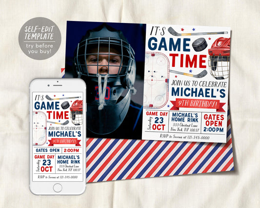Ice Hockey Birthday Invitation With Photo Editable Template