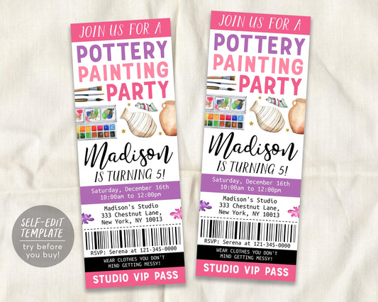 Pottery Party Birthday Ticket Invitation Editable Template
