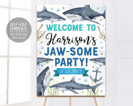 Shark Birthday Welcome Sign Editable Template