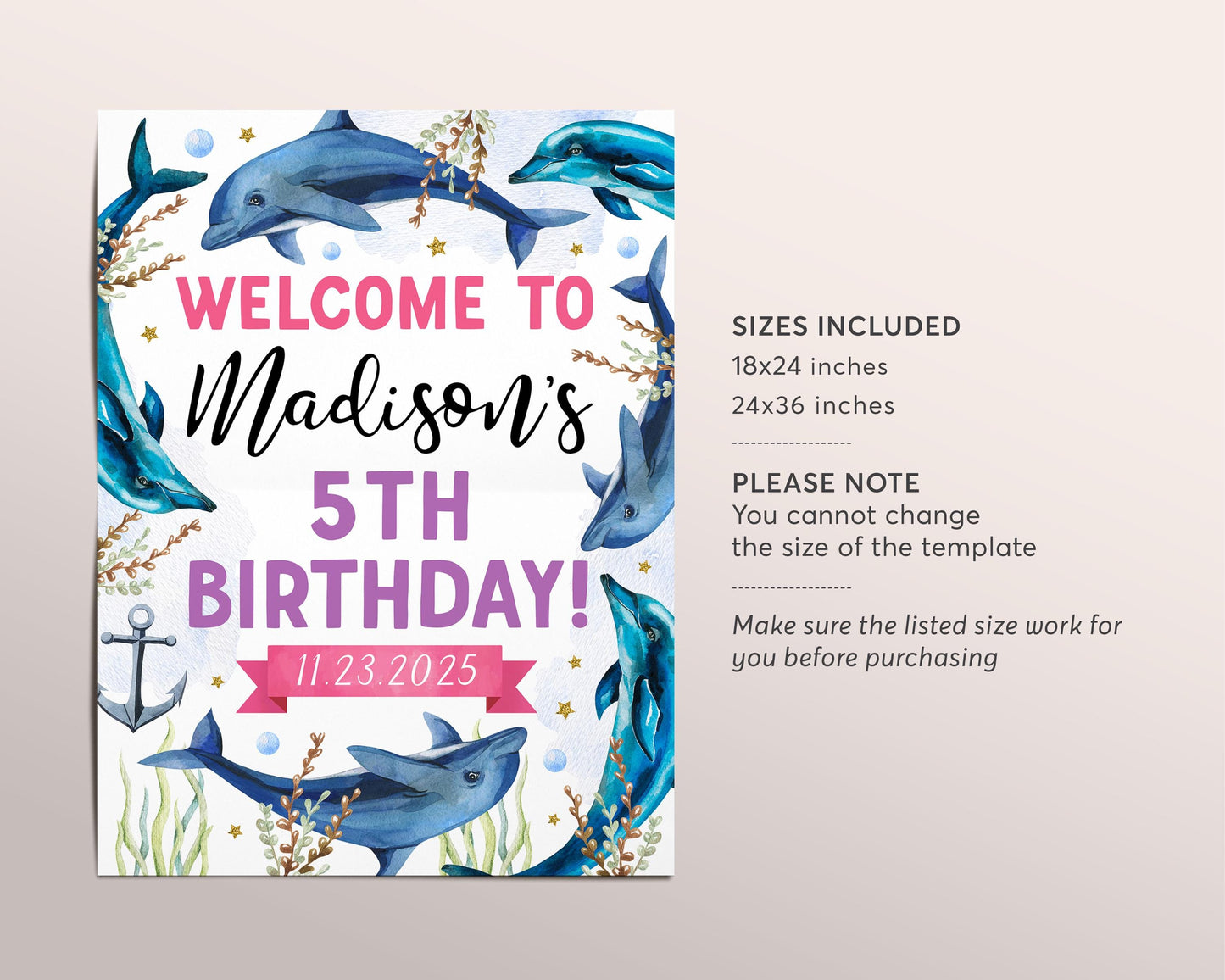 Dolphin Birthday Welcome Sign Editable Template, Girl Dolphin Under The Sea Underwater Party Poster, Swim On Over Ocean Aquarium Trip Decor