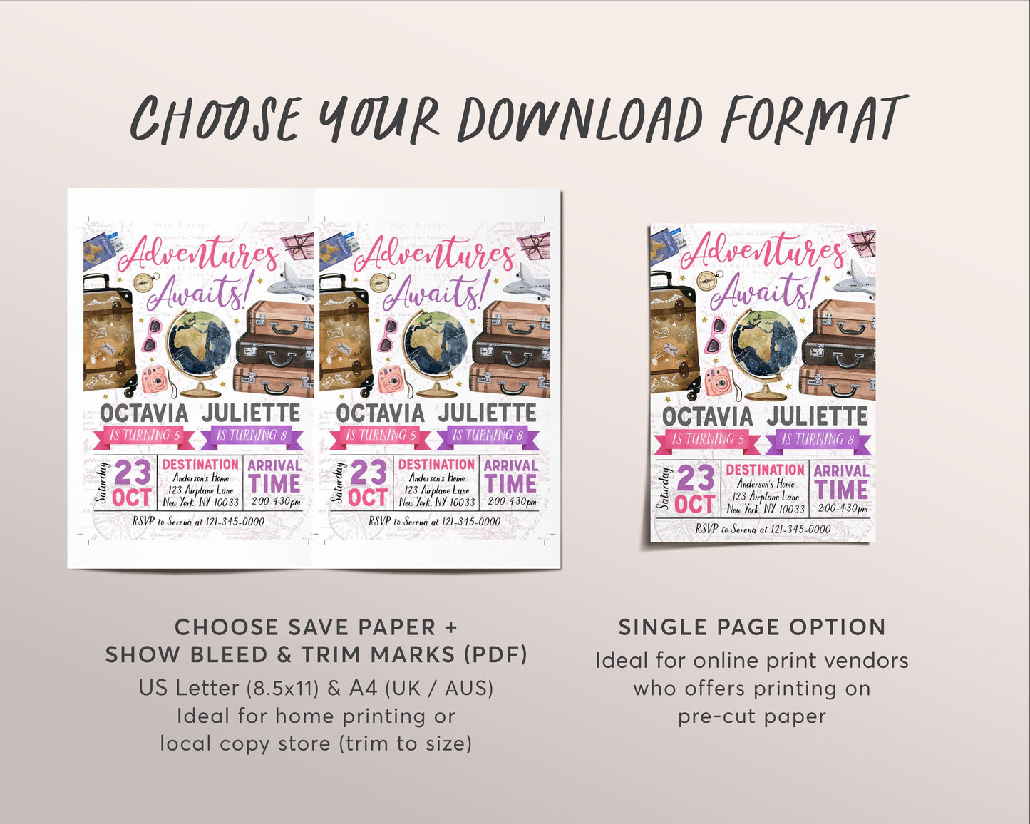 Adventure Awaits Travel Joint Siblings Birthday Invitation Editable Template, Twin Girls Around the World Party Invite, Vintage Map Evite