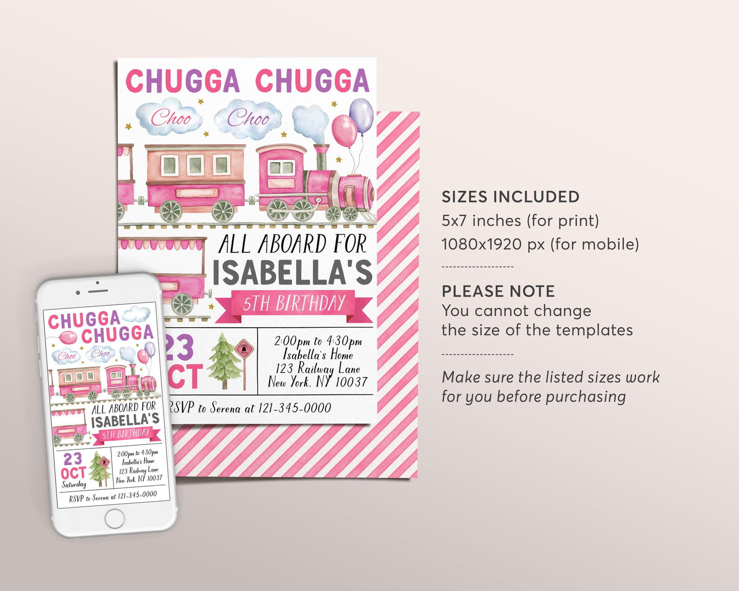 Train Birthday Invitation Editable Template, Girl Chugga Choo Train Boarding Pass Party Invite, All Aboard The Birthday Express Admit One