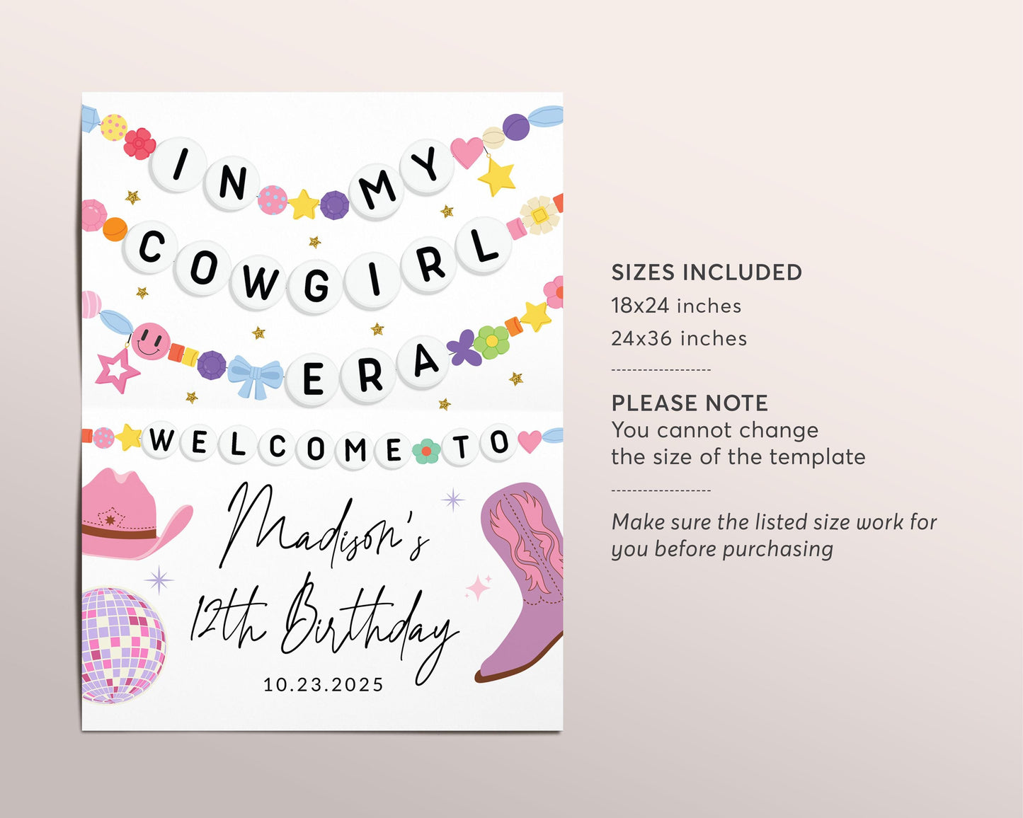 In My Cowgirl Era Welcome Sign Editable Template, Country Girl Era Friendship Bracelet Birthday Party Poster, Eras Rodeo Western Music Board