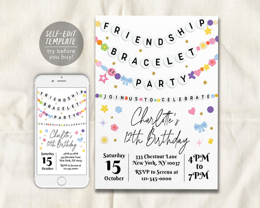 Friendship Bracelet Birthday Invitation Editable Template