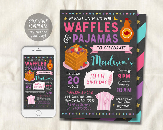 Waffles and Pajamas Party Birthday Invitation Editable Template