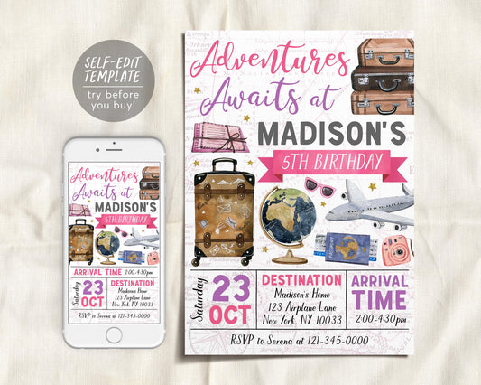 Adventure Awaits Travel Birthday Invitation Editable Template