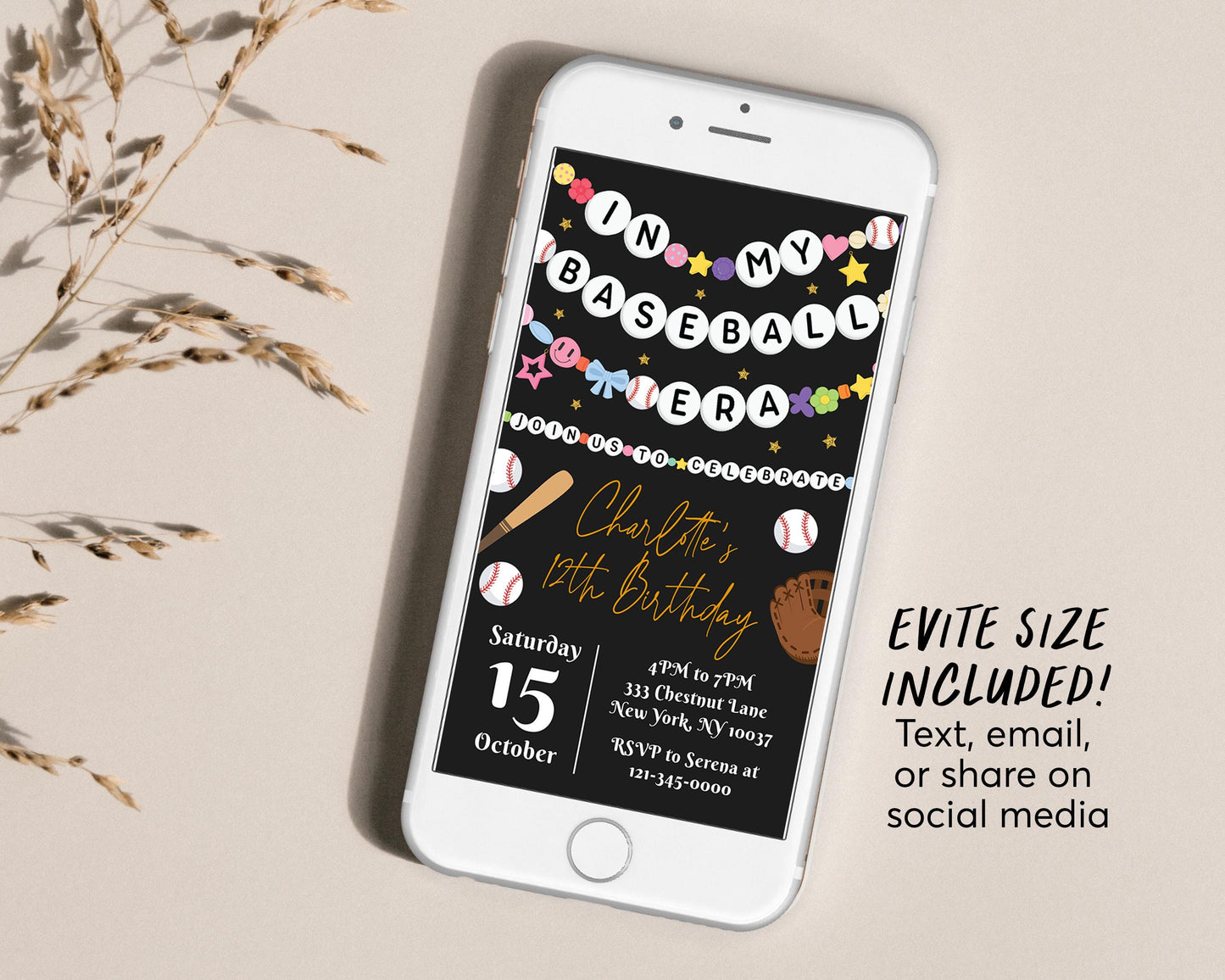 In My Baseball Era Birthday Invitation Editable Template, Baseball Friendship Bracelet Party Invite, Sports Game Day Black Gold Eras Evite