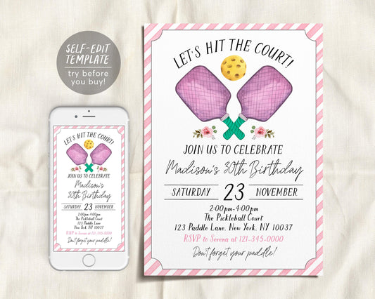Pickleball Birthday Invitation Editable Template