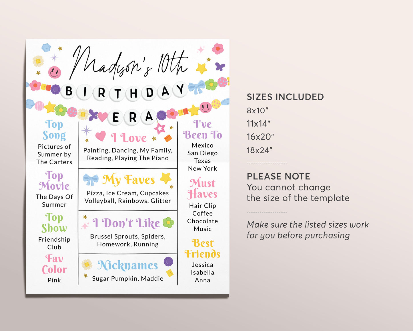 In My Birthday Era Milestone Sign Editable Template, Girl Eras Friendship Bracelet Birthday Party Poster,  Taylor Stats Memory Board Decor