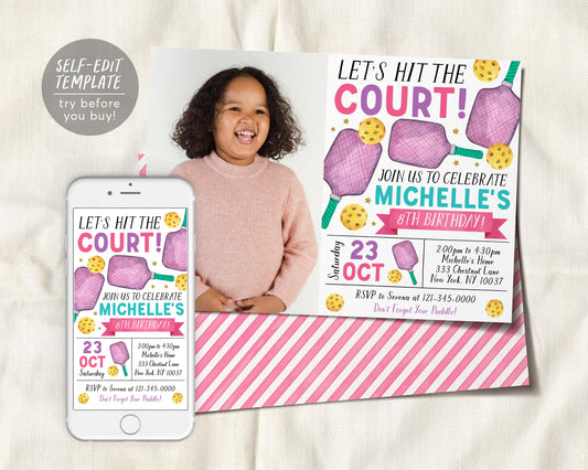 Pickleball Birthday Invitation With Photo Editable Template