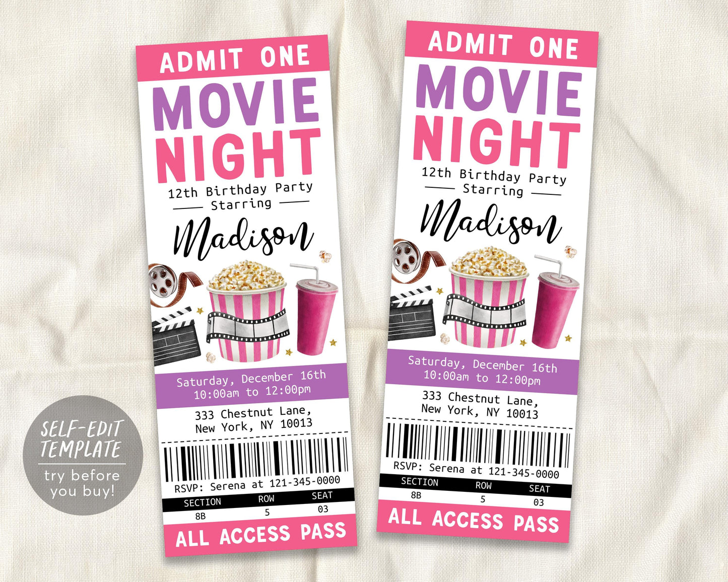 Movie Birthday Ticket Invitation Editable Template