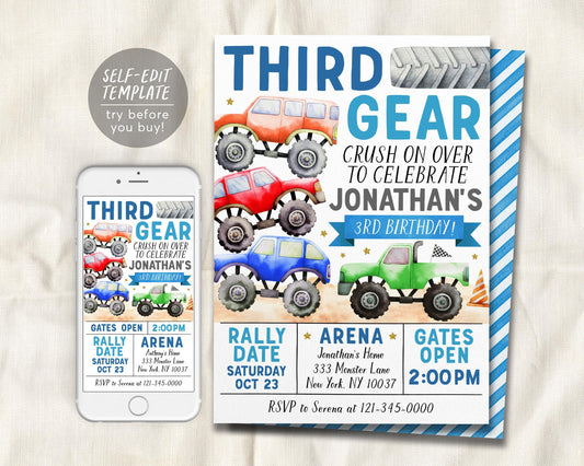 Monster Truck 3rd Birthday Invitation Editable Template