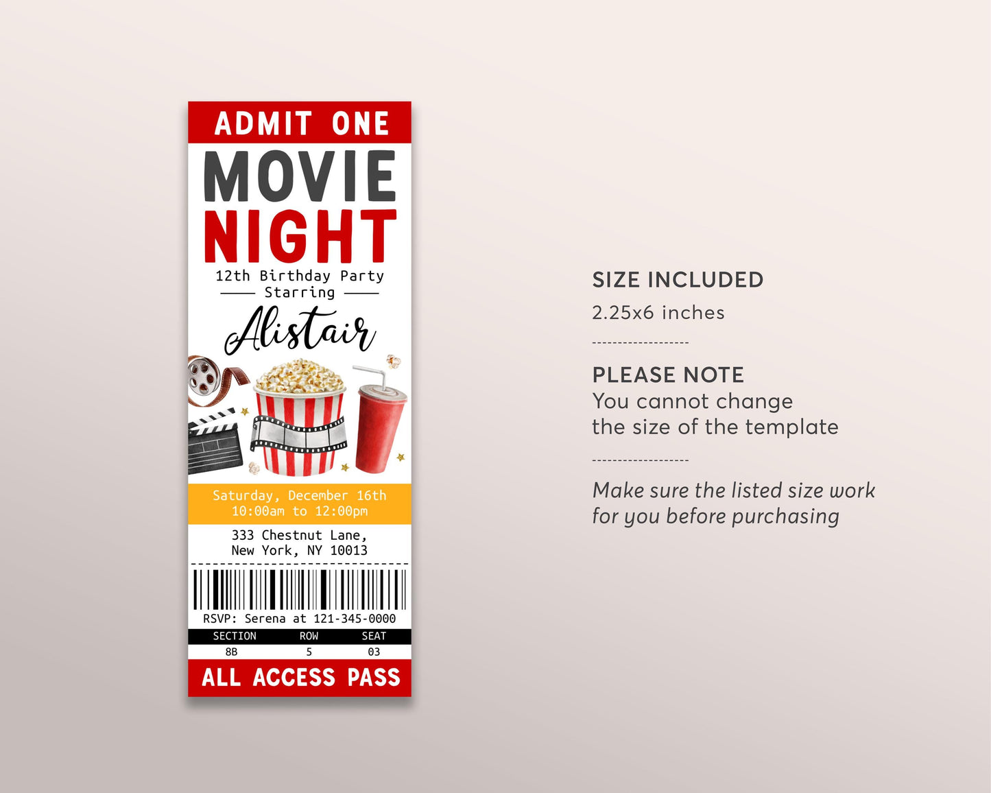 Movie Birthday Ticket Invitation Editable Template, Cinema Movie Ticket Stub Party Evite, Backyard Movie Night Popcorn And Movies Unisex