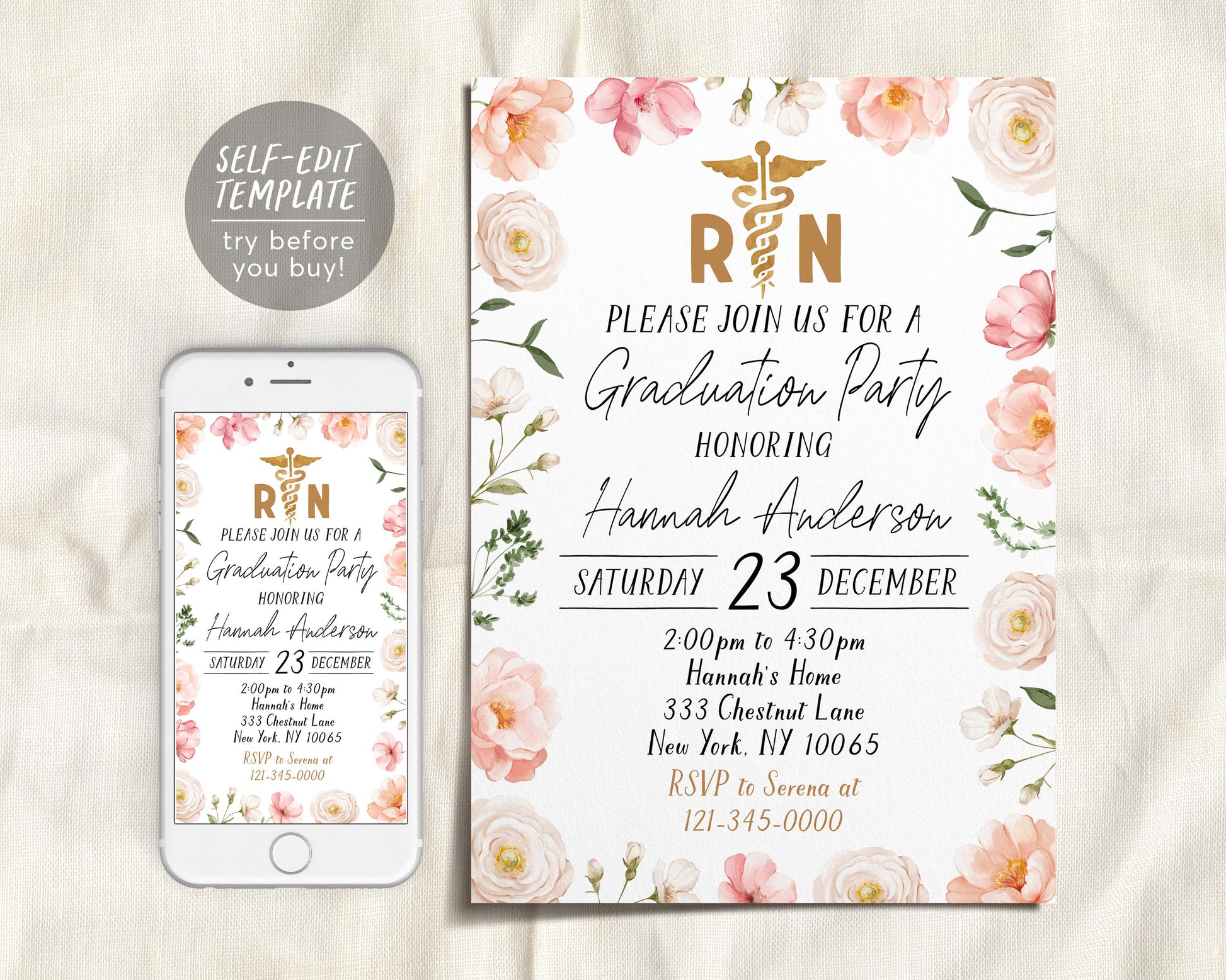 Nursing School Graduation Invitation Editable Template