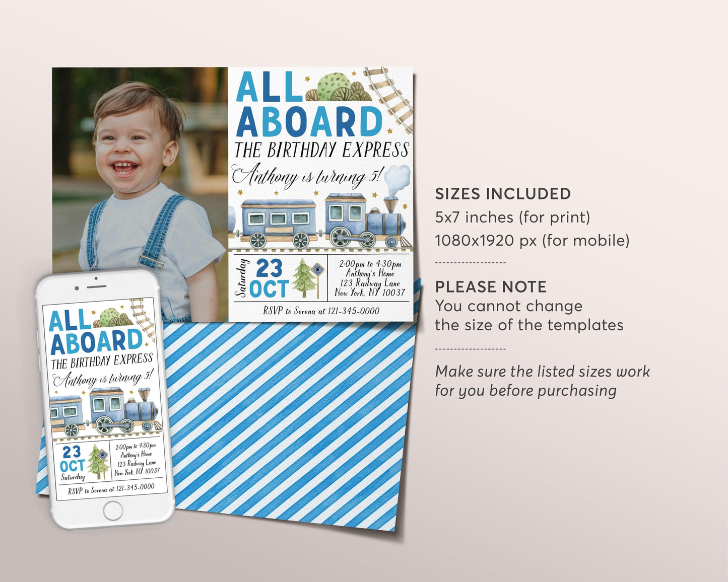 Train Birthday Invitation With Photo Editable Template, Boy Train Boarding Pass Party Invite, All Aboard The Birthday Express Travel Evite
