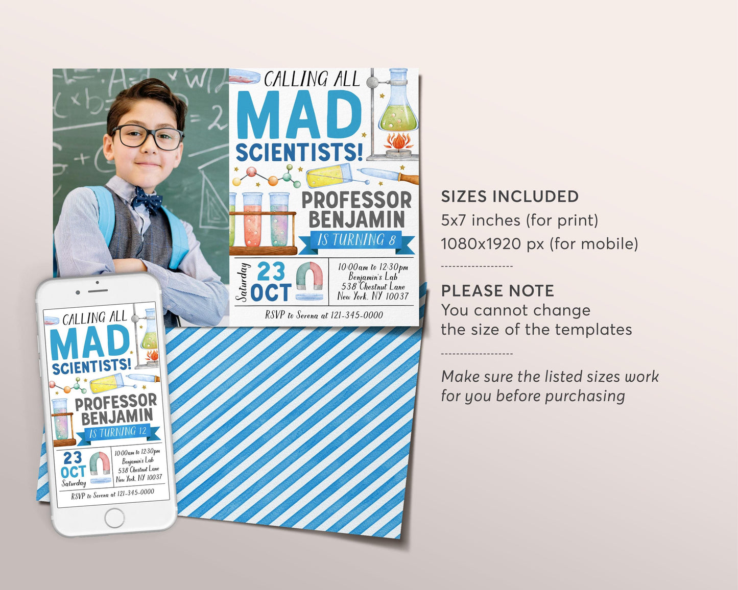 Science Birthday Invitation With Photo Editable Template, Boy Mad Scientists Party Invite, Kid Professor Experiment Science Lab Party Evite