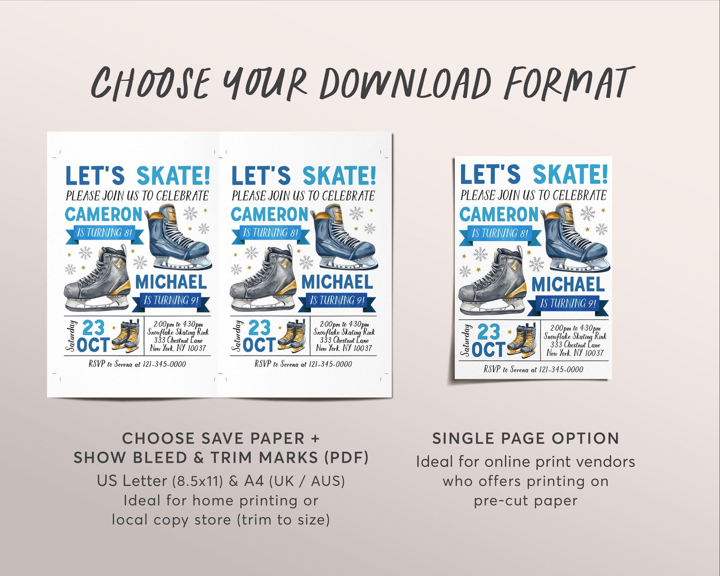 Ice Skating Joint Siblings Birthday Invitation Editable Template, Brothers Ice Hockey Skating Party Invite, Sports Let's Skate Rink Evite
