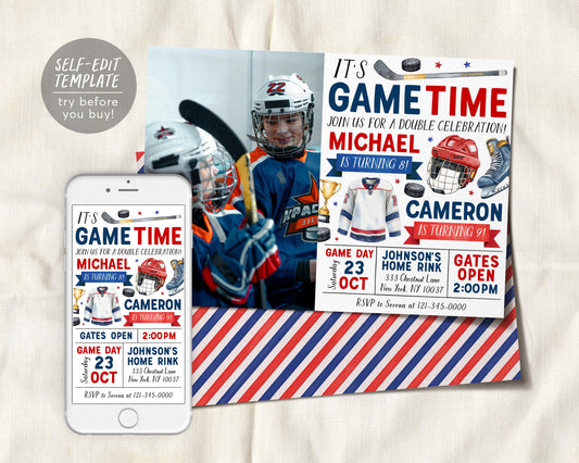 Ice Hockey Joint Siblings Birthday Invitation With Photo Editable Template