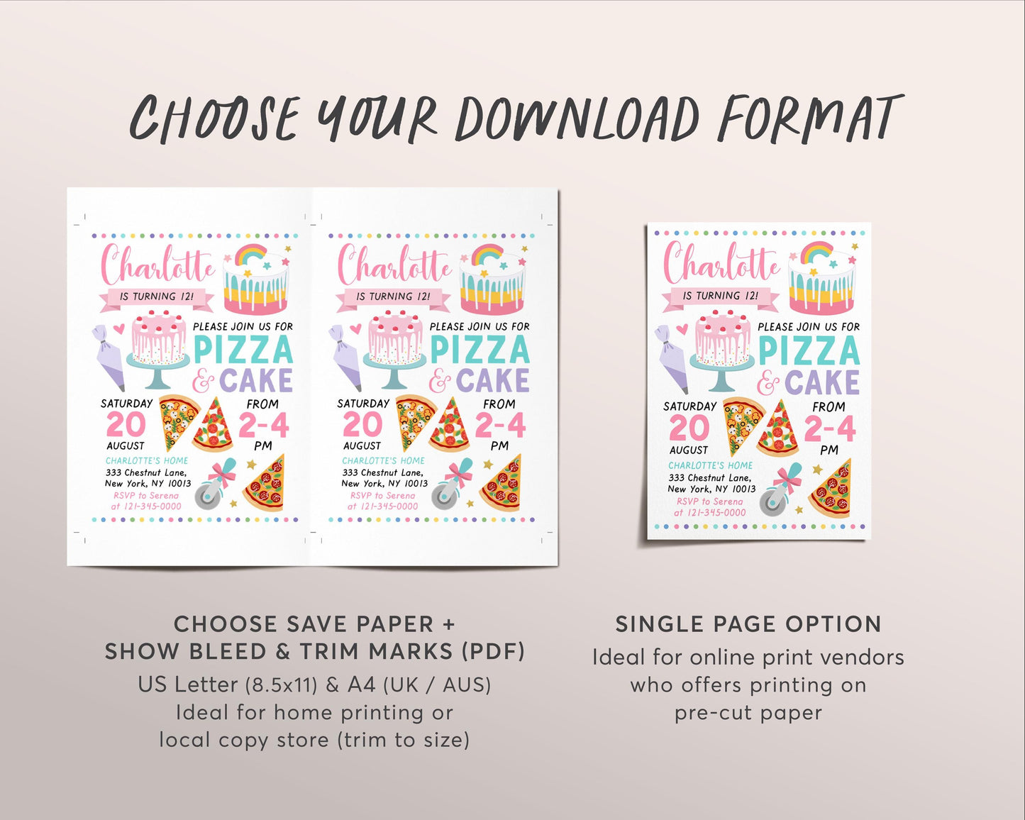 Pizza and Cake Birthday Party Invitation Editable Template, Kids Cake Decorating Chef Baking Cupcake Pizzeria Party Invite, Sweets Evite