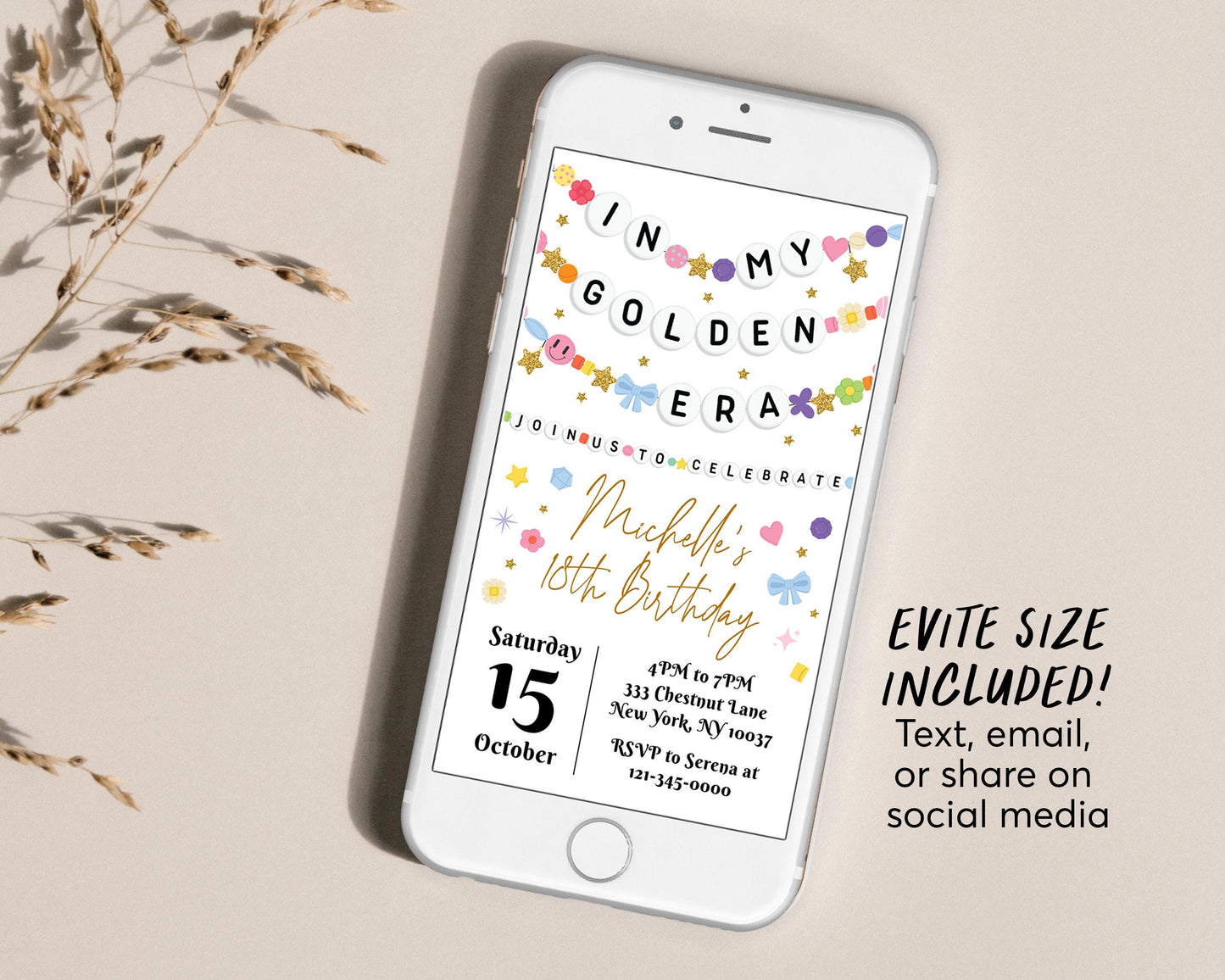 In My Golden Era Invitation With Photo Editable Template, Friendship Bracelet Party Invite, Teen Birthday Girl Eras Music Gold Party Evite