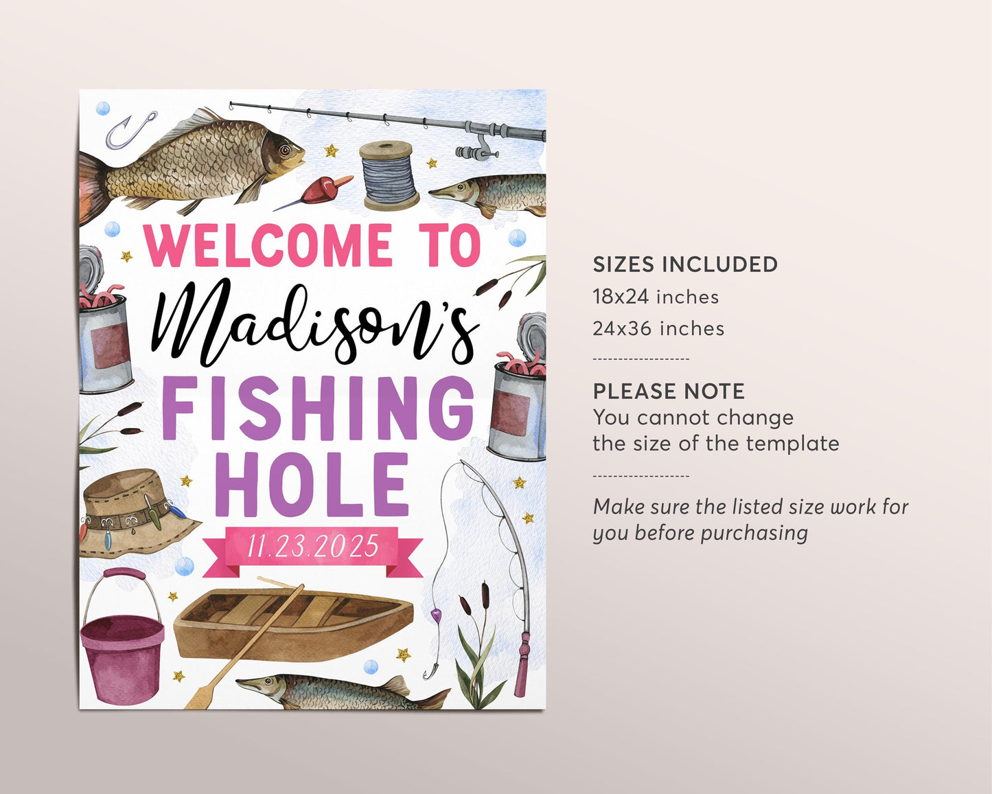 Fishing Birthday Welcome Sign Editable Template, Girl Fishing Hole O Fish Ally Party Poster, Fish Party Fishing Fisherman Reel Banner Decor