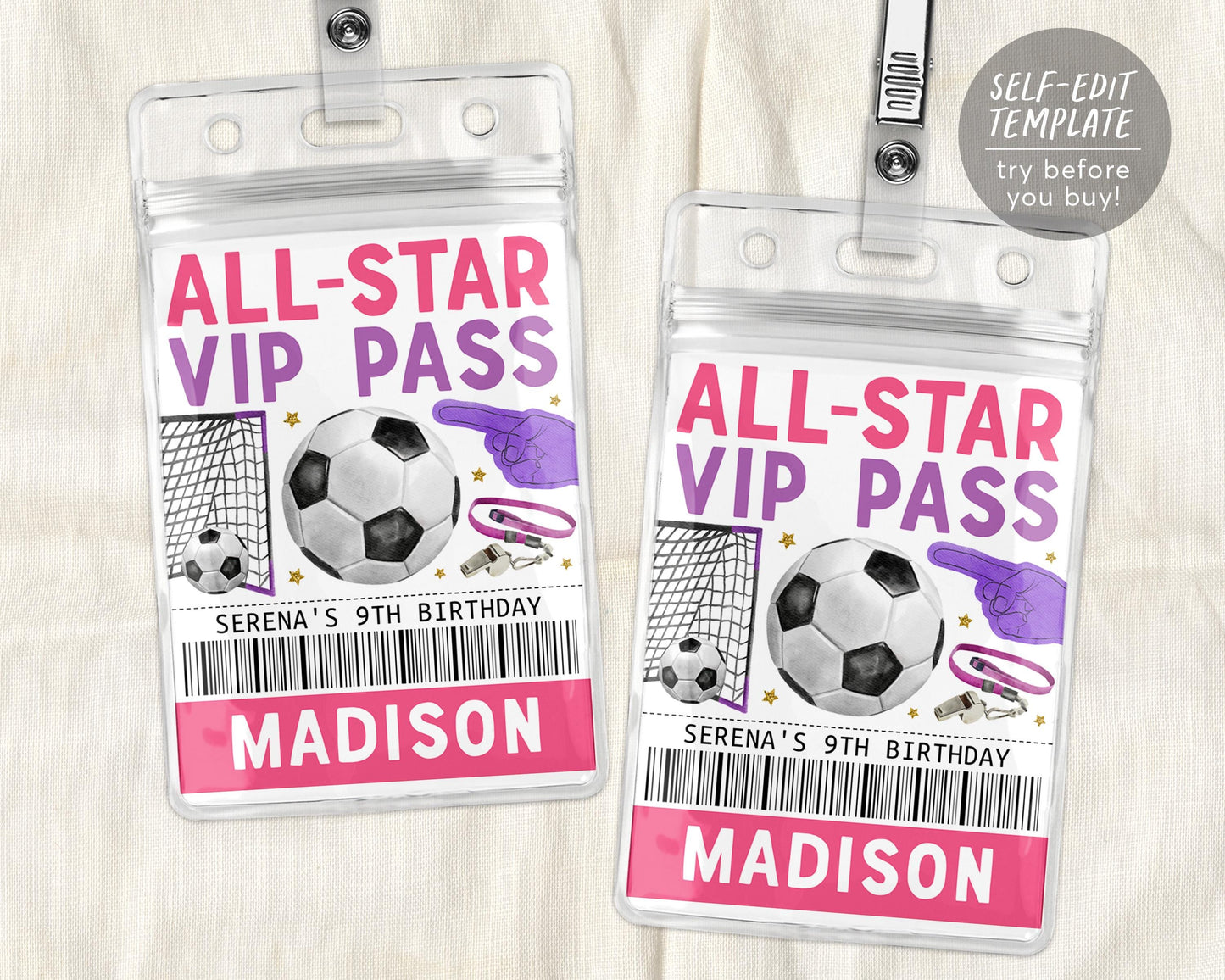 Soccer Birthday All Star VIP Pass Editable Template