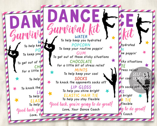 Dancer Survival Kit Gift Tags Editable Template, Dance Team Gift Idea, Dance Competition, Cheerleading Tryouts, Team Appreciation Good Luck