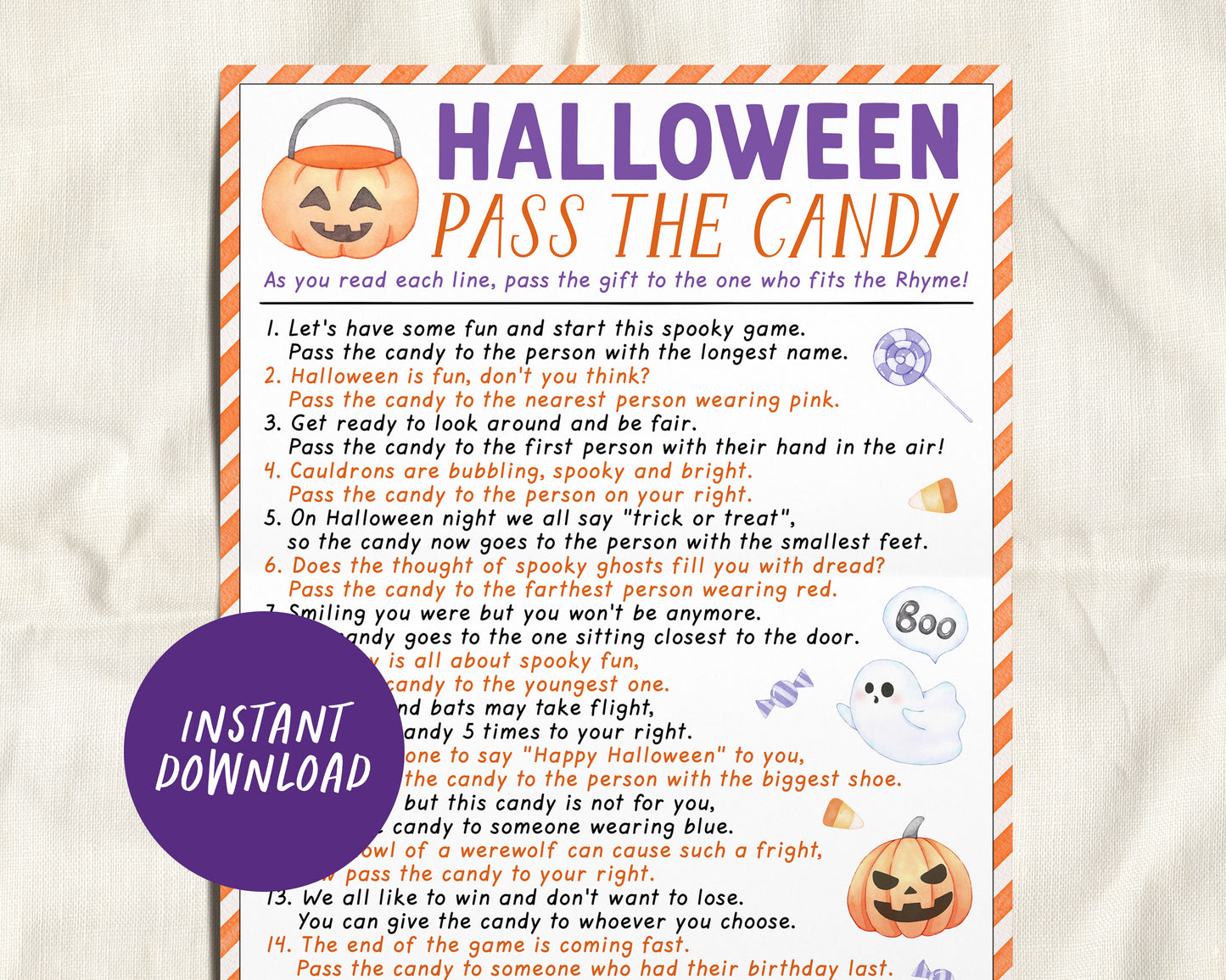 Halloween Pass the Candy Game, Pass the Prize Game, Kids Teens Adults Pass the Present Party Game, Fall Autumn Classroom Office Activities