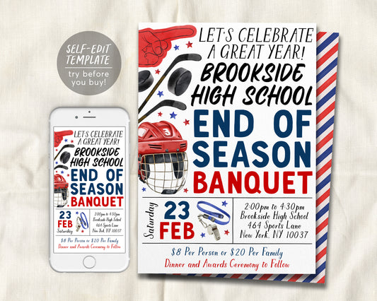 Hockey End of Season Sports Banquet Invitation Editable Template, Ice Hockey Awards Night Ceremony, Team Party Senior Parent Night Ceremony