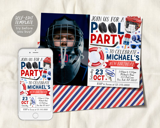 Hockey Pool Party Birthday Invitation With Photo Editable Template, Summer Sports Ice Hockey Backyard Party Invite, Boy Swimming Pool Evite