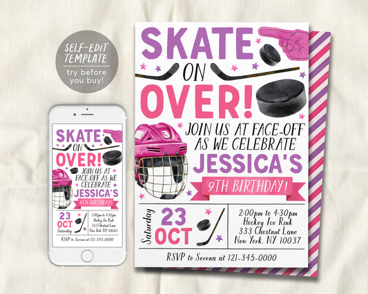 Ice Hockey Birthday Invitation Editable Template, Girl Ice Skating Hockey Invite, Kids Sports Theme Game Day All Stars Evite Printable