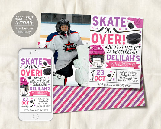 Ice Hockey Birthday Invitation With Photo Editable Template, Girl Ice Skating Hockey Invite, Kids Sports Theme Game Day All Stars Evite
