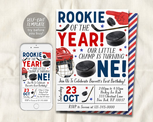 Ice Hockey First Birthday Invitation Editable Template, Boy Rookie Of The Year Ice Skating Hockey Invite, Kids Sports Theme Game Day Evite