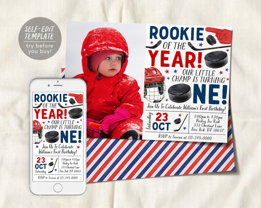 Ice Hockey First Birthday Invitation With Photo Editable Template, Boy Rookie Of The Year Ice Skating Hockey Invite, Kids Sports Theme Evite