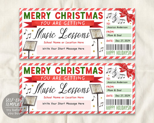 Music Lessons Christmas Gift Certificate Editable Template, Surprise Guitar Drums Piano Singing Violin Gift Voucher Holiday Coupon Printable