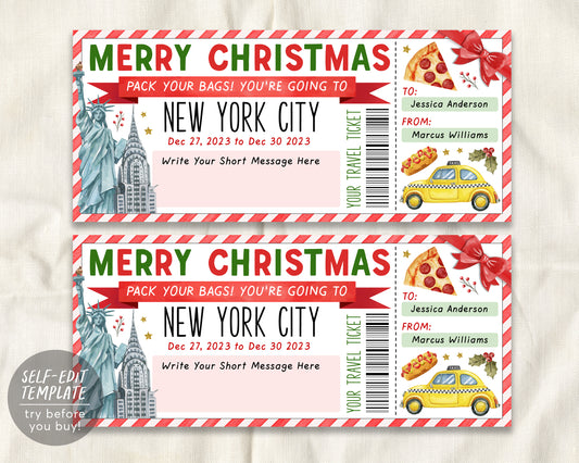 New York City Trip Ticket Editable Template, Christmas Surprise Travel Vacation Gift Certificate, NYC Trip Reveal, Pack Your Bags Holiday