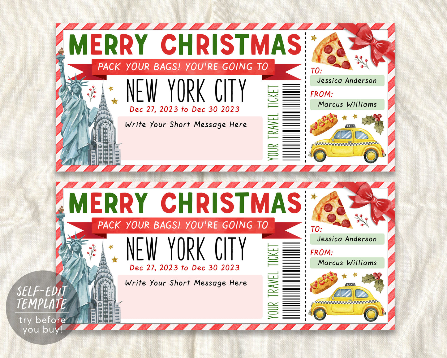 New York City Trip Ticket Editable Template, Christmas Surprise Travel Vacation Gift Certificate, NYC Trip Reveal, Pack Your Bags Holiday