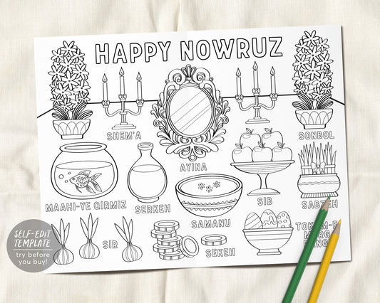 Nowruz Mubarak Happy Persian New Year Party Coloring Placemat For Kids Editable Template Haft Sin Spread Table Coloring Page Craft Activity