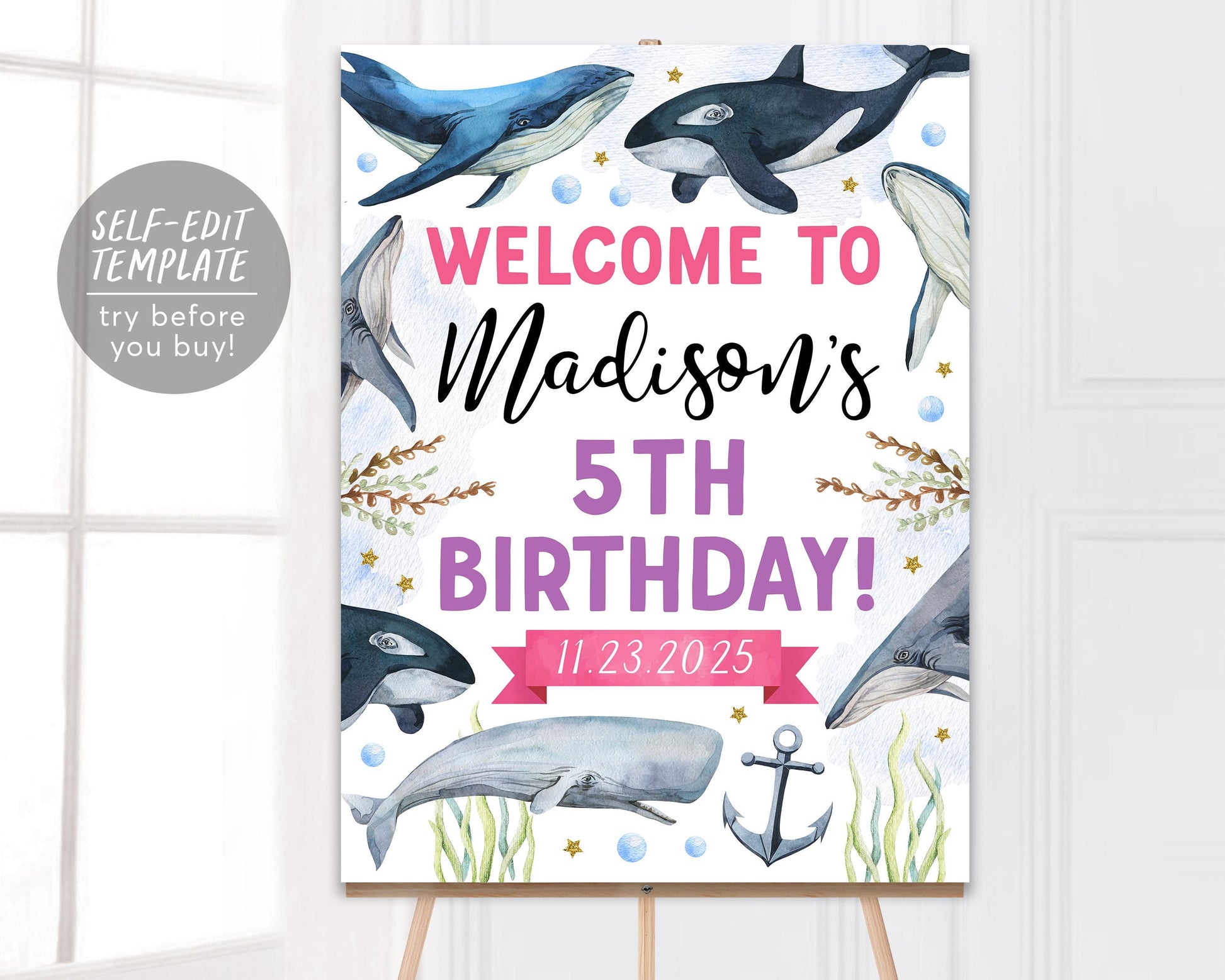 Whale Birthday Welcome Sign Editable Template